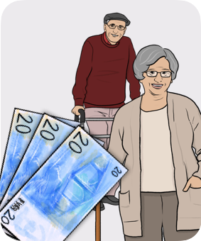 Illustration evoking fair pensions, of euro's banknotes and a couple of old people